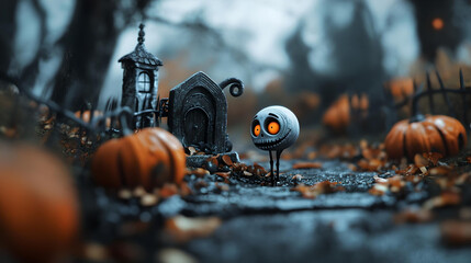 Glowing-Eyed Skeleton in Spooky Pumpkin Scene,

A tiny glowing-eyed skeleton stands beside an eerie house surrounded by pumpkins, autumn leaves, and a dark, misty forest.
