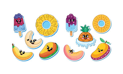 Cute Animated Fruit Characters: Blueberry Popsicle, Pineapple, Mango, Peach