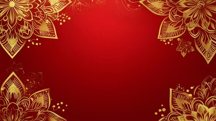 Golden floral ornament on a red background with copy space for text or image.
