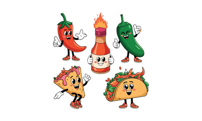 Fototapeta premium Cute Animated Chili Peppers, Hot Sauce & Taco with Smiles and Fun Expressions