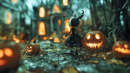 Spooky Doll in Pumpkin-Lit Haunted Scene,

A darkly dressed doll with a twisted hairstyle stands amidst glowing jack-o'-lanterns and a haunted house on a misty night.

