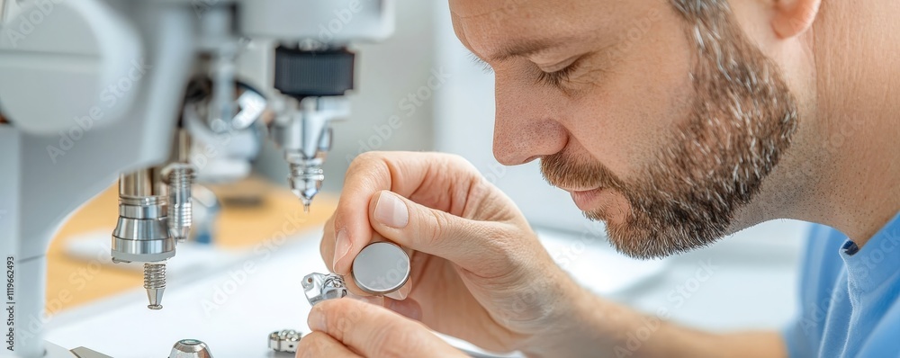 Aufkleber battery replacement concept. a technician assembling small components with precision tools.