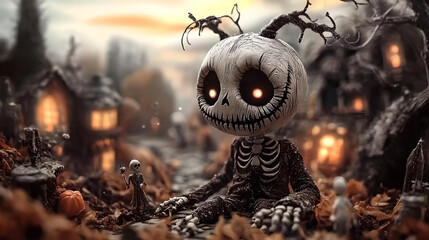 Giant Skeleton Puppet in Spooky Village Scene,

A large, eerie skeleton figure with glowing eyes sits in a creepy, miniature village surrounded by pumpkins and autumn leaves.

