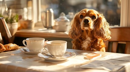 Charming Golden Dog with Fluffy Coat Sitting at Sunlit Table with Coffee Cups and Pastries, Capturing a Cozy Morning Atmosphere in a Warm Kitchen Setting