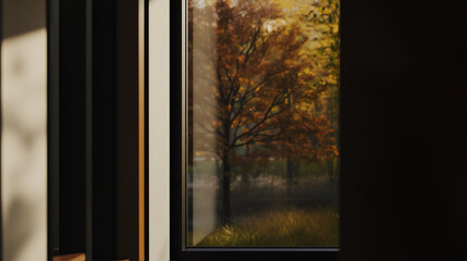 Window View of Autumn Trees With Warm Light Reflection