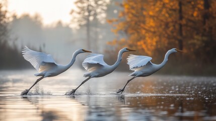 Majestic Great Egrets in Motion: A Series of Elegant Birds Skimming Across Tranquil Waters at Sunrise Surrounded by Autumn Colors and Misty Background