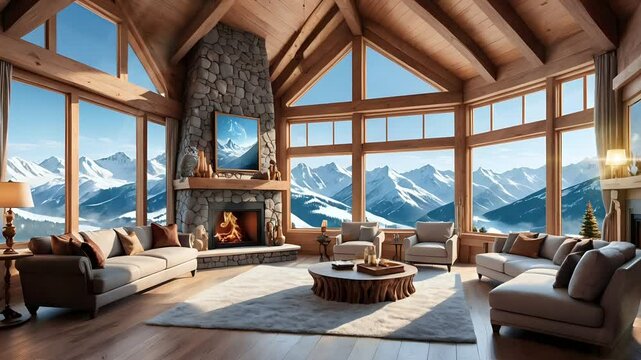Luxurious mountain chalet living room with panoramic snowy mountain views and fireplace