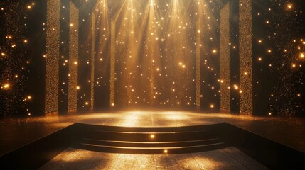 Dark catwalk stage with golden lights and sparkles; realistic 3D concert or night show podium design. 