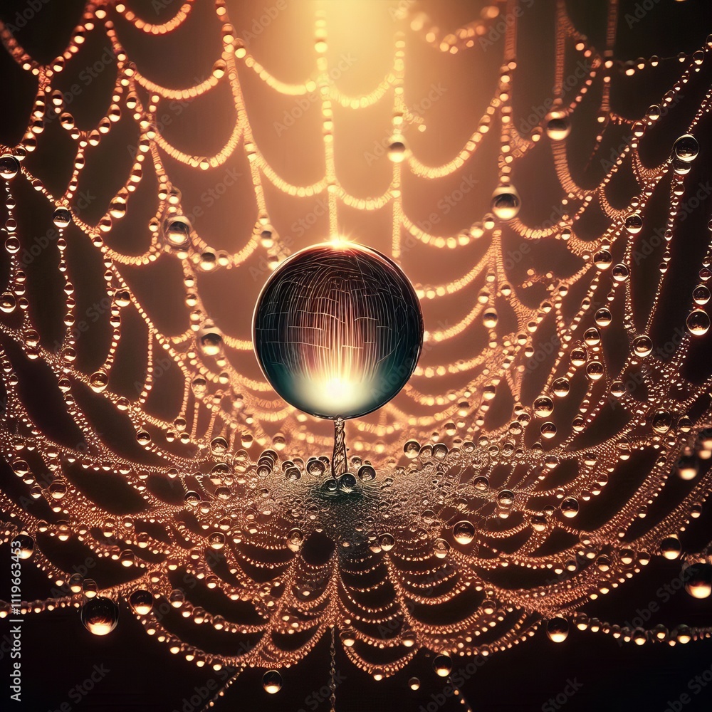 Poster dew drop on a spider web illustrate the tiny dew drop on a spide