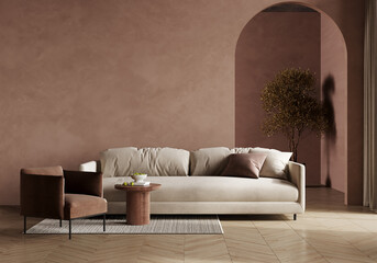 Luxury living room in warm Mocha mousse 2025 color trend. Brown walls, light gray lounge furniture. Empty background microcement for art