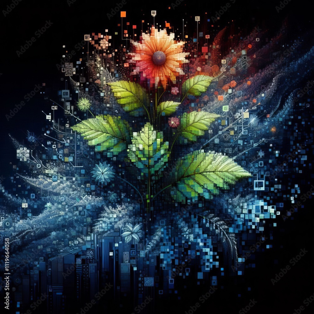 Poster digital flora abstract plant shapes evolving into pixelated form