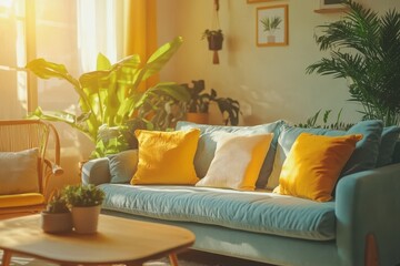 Cozy living room light blue sofa bright yellow throw pillows