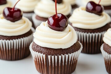 Delicious cupcakes topped with cherries arranged in a row on white background