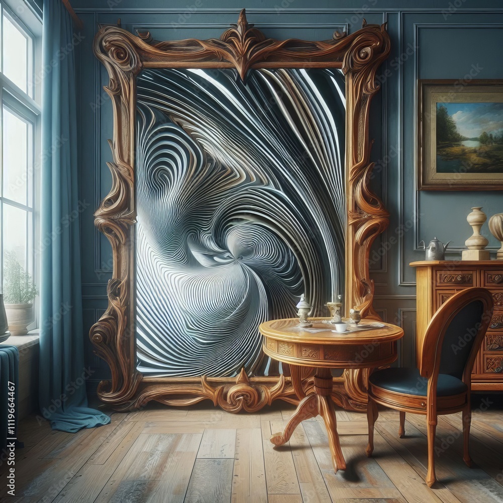 Poster distorted mirror a mirror reflecting a distorted surreal version