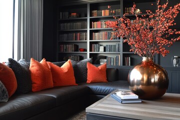Cozy modern living room dark gray built in bookshelves