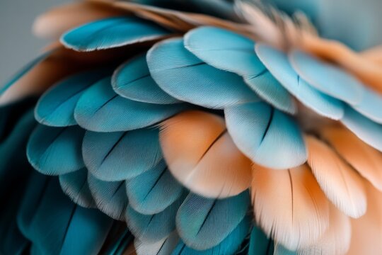 A vibrant close-up of blue and peach feathers layers together, showcasing intricate textures and hues in a beautiful, abstract composition.
