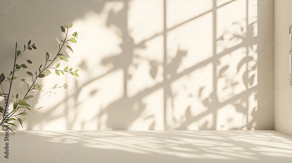 Poster light beige minimalistic background for product displays, featuring intricate shadows of windows and