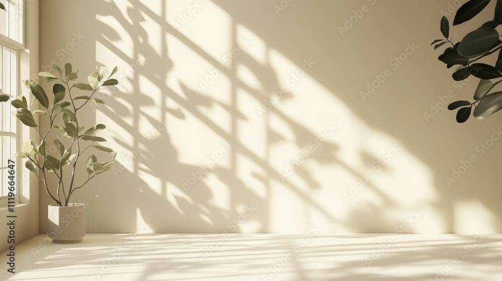 Poster light beige minimalistic background for product displays, featuring intricate shadows of windows and