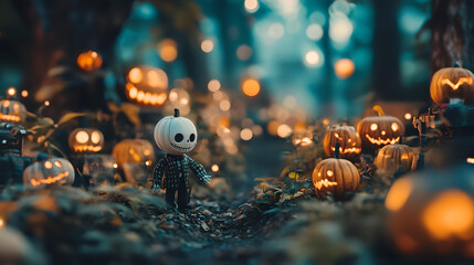 Pumpkin-Headed Character in Halloween Scene

Adorable pumpkin-headed figure standing in a glowing Halloween setting surrounded by jack-o’-lanterns and festive lights.
