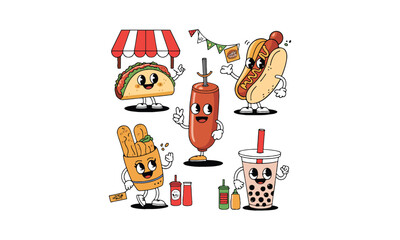 Cute Animated Food: Hot Dog, Taco, Ketchup, Boba Tea, and Drink with Faces