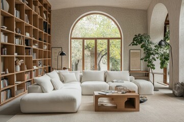 Fototapeta premium Cozy modern living room oversized plush white sofa