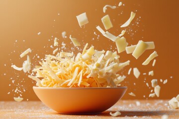 Shredded cheese bursts into the air, framed against an orange background, capturing a moment of culinary creativity.