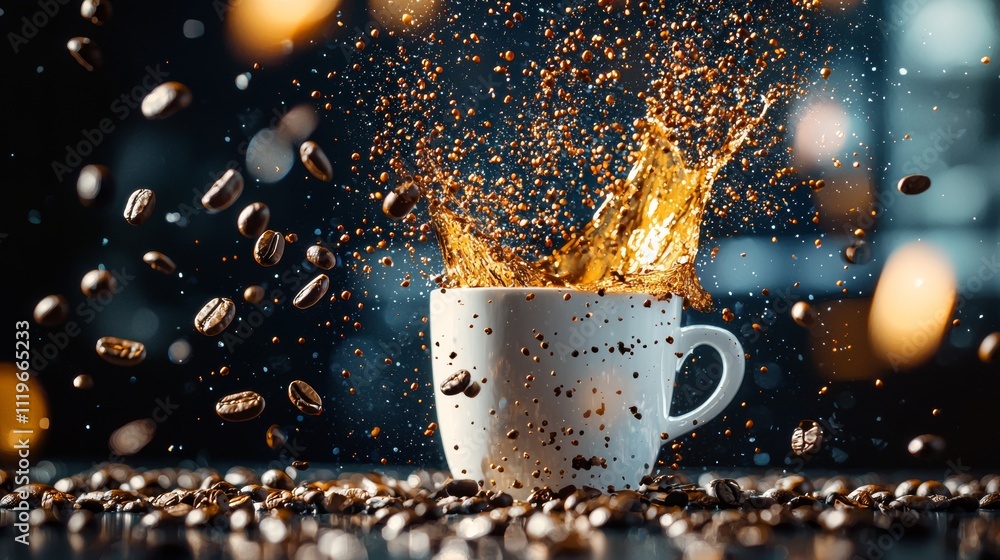 Poster dynamic coffee splash with beans in motion and bokeh lights
