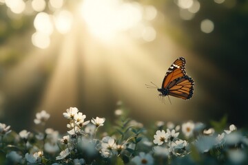 Obraz premium Colorful butterfly flutters over wildflowers in a serene forest setting during golden hour