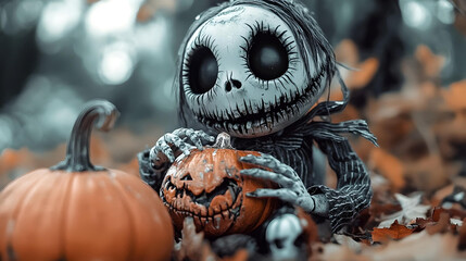 Creepy Skeleton Doll with Carved Pumpkin,

Close-up of a spooky skeleton doll holding a carved pumpkin, surrounded by autumn leaves in a chilling Halloween scene.

