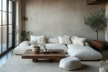 Cozy modern living room wabi sabi aesthetic neutral tones