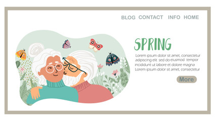 Landing page spring, people in love, a couple, a blossom, hand drawn vector illustration.