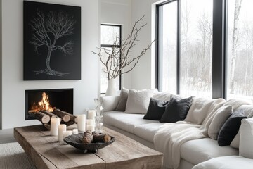 Cozy modern living room, white sofa with grey pillows