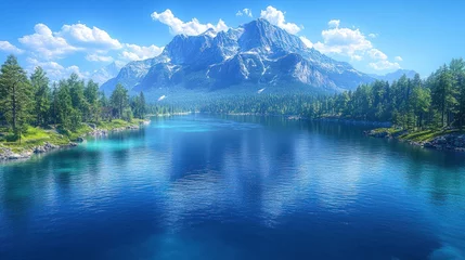 Selbstklebende Fototapeten Serene mountain lake reflecting majestic peaks under a bright summer sky. © AFFANYUDA