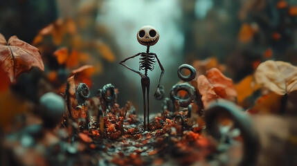 Whimsical Skeleton Figure in Autumn Forest,

A whimsical skeleton figure stands confidently in an eerie autumn forest surrounded by twisted plants and vibrant fall foliage.

