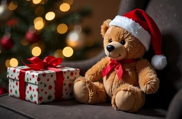 A cozy holiday setting with a teddy bear in a Santa Claus hat next to a beautifully wrapped gift