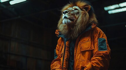 Powerful Lion Pacing in Prison Jumpsuit Contrasting Mane in Dull Cell Surroundings