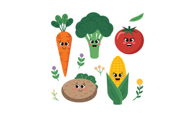 Cute Animated Vegetables: Carrot, Broccoli, Tomato, Potato & Corn with Faces
