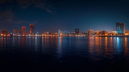 Obraz premium Panoramic view of Dubai Creek with the city's modern skyline illuminated at night