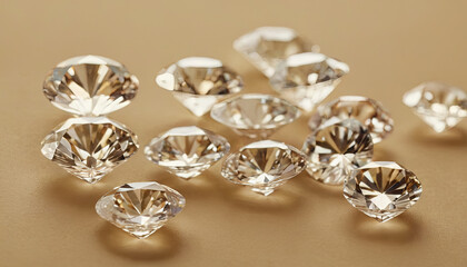 Various diamonds with multiple facets are scattered across a smooth, neutral-colored surface, showcasing their brilliance and reflecting light in an enchanting way