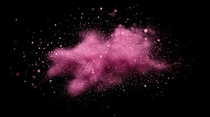 Pink glitter explosion with sparkling particles on black; selective focus and bokeh blur effects