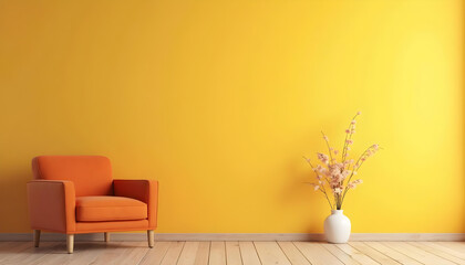 Modern wooden living room with an orange armchair on empty yellow wall background flower tab, Minimal room- 3D rendering