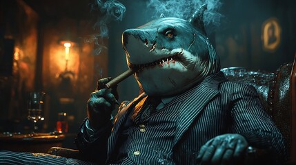 Mafia Shark in Pinstripe Suit Smoking Cigar Behind Bars Symbolizing Organized Crime in the Underworld