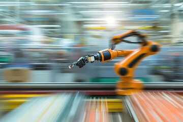 Orange robotic arm in motion at modern factory