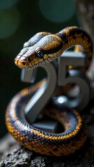 Obraz premium A snake coiled around the golden numbers 2025. Happy New Year!