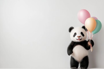 animal celebration, adorable panda with birthday balloons on a confetti-filled white background, perfect for adding text