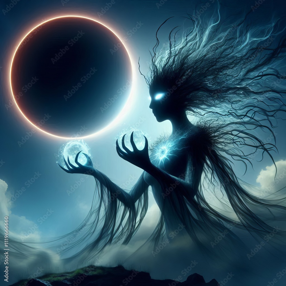 Poster eclipse a being formed from the shadow of the moon with a myster