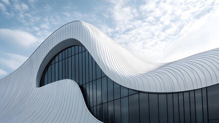 A modern building with a white, curved facade, glass windows, and black window frames