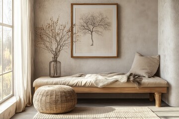 Interior design minimalist living room wooden bench