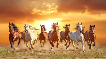 Herd of horses galloping at sunset. (1)