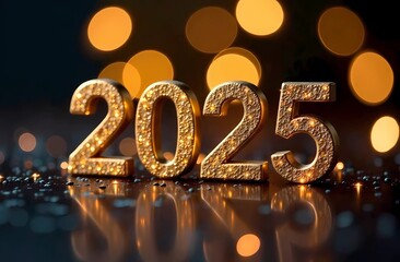 Happy New Year 2025 background, illustration for holiday design with lights and fireworks	
